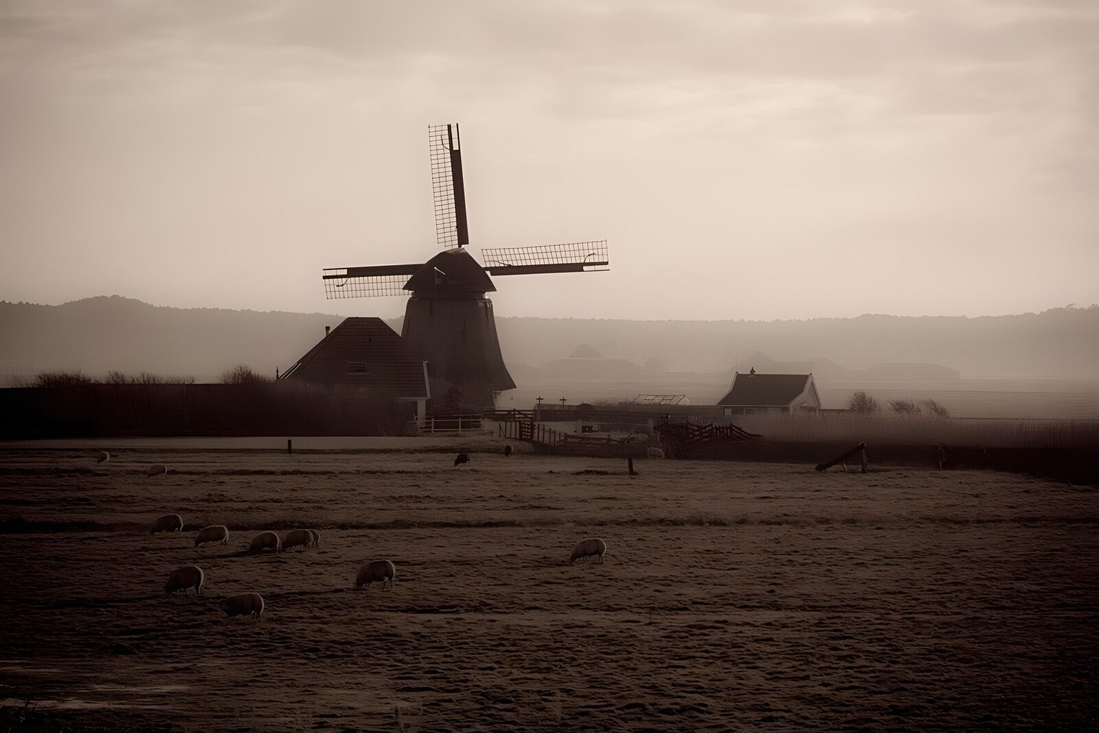 TPDE60901: Panorama mit Poldermühle und Schafe auf der Weide im Morgennebel