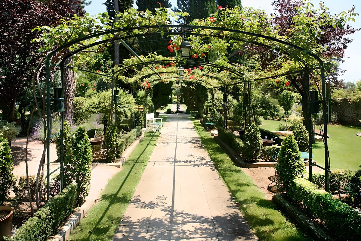 TPDE24169: Spazierweg unter Kletterpflanzen durch einen Schloßgarten