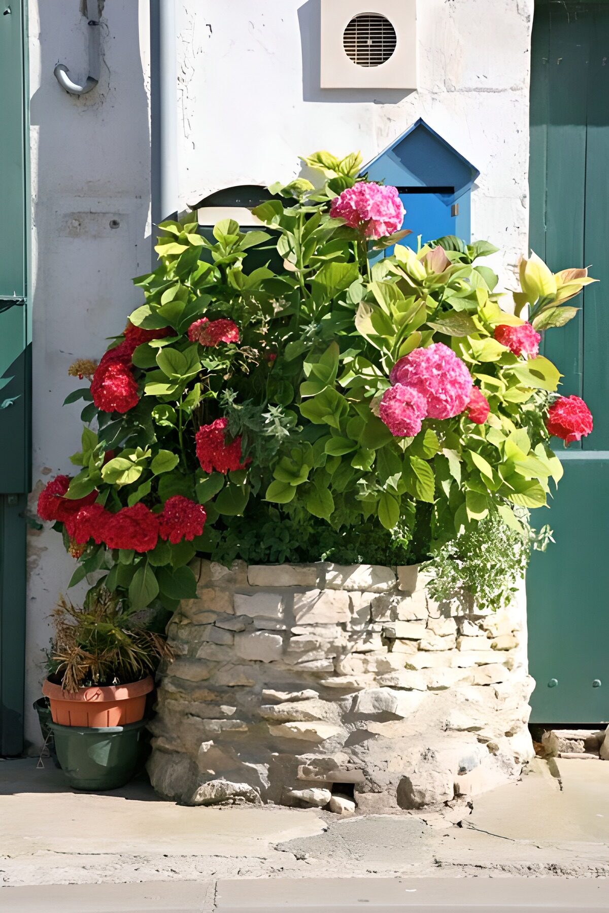 TPDE43291: alter Brunnen als Pflanzgefäß mit Blumen an  einer Straße entlang