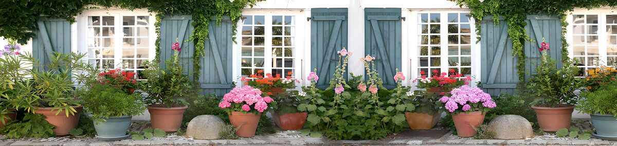 Blühendes Gartenhaus mit bunten Blumen