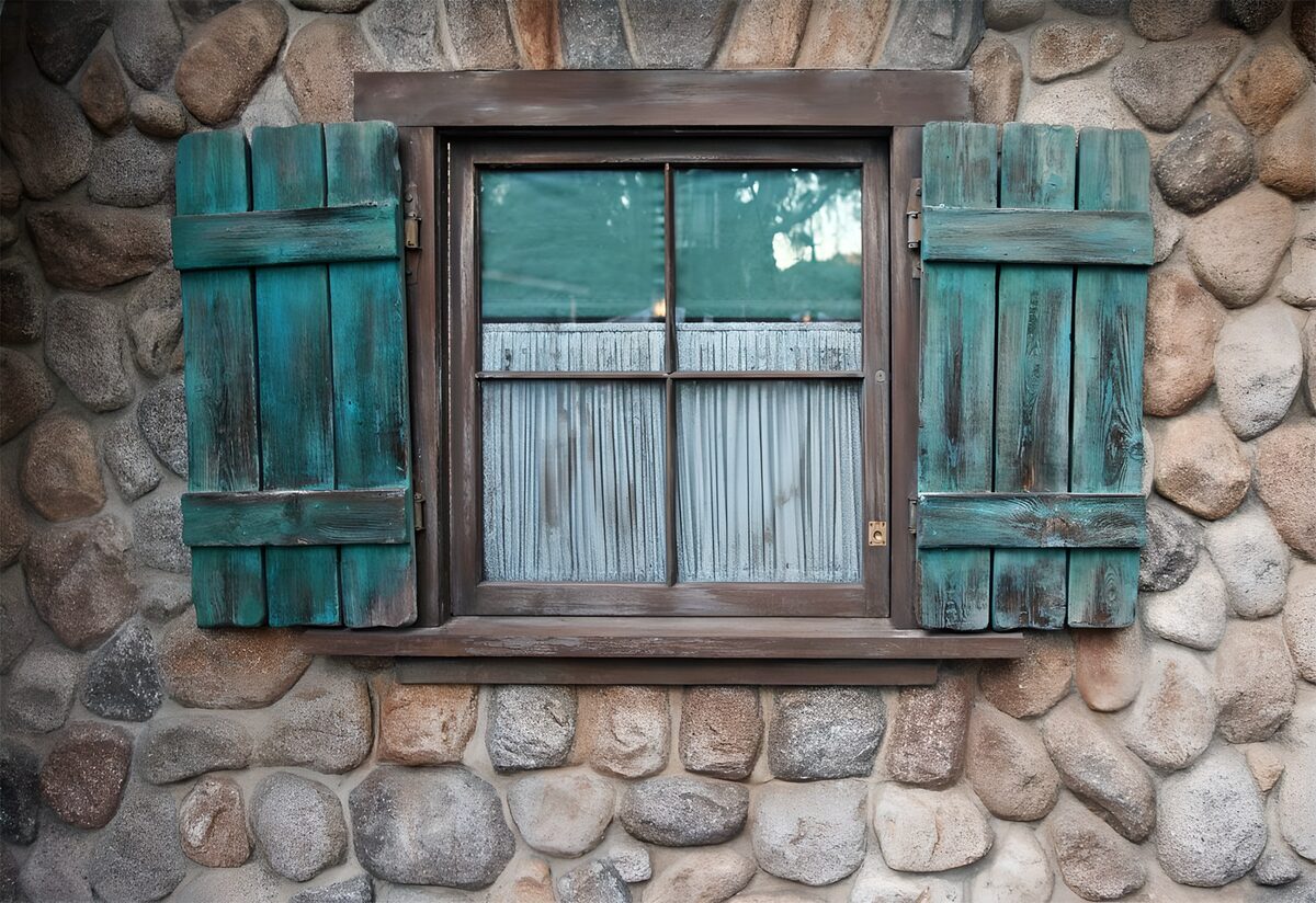 kleines Haus, mit der Mauer aus großen Steinen, einem Holzfenster und vergraute Fensterläden
