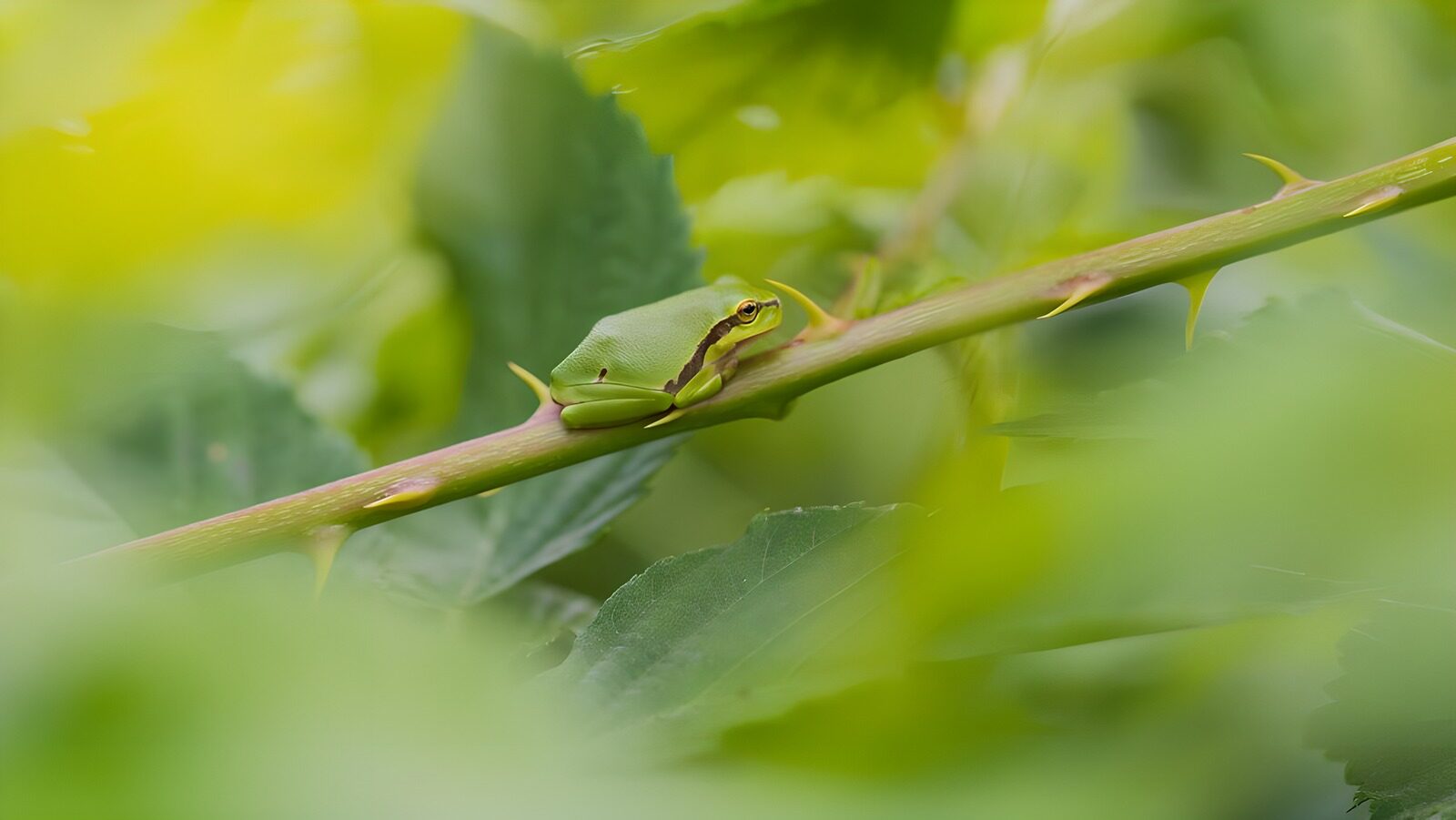 TPDE61325: grüner Frosch auf einem Stängel mit Dornen