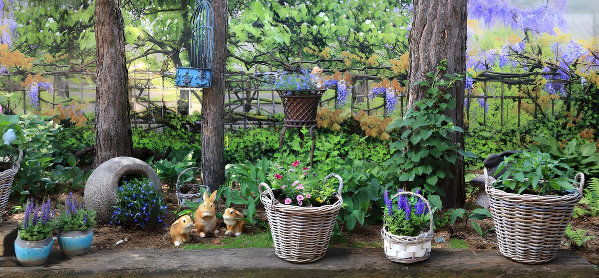 TPDE41724: Fröhlicher Garten mit Hasen und Blumen