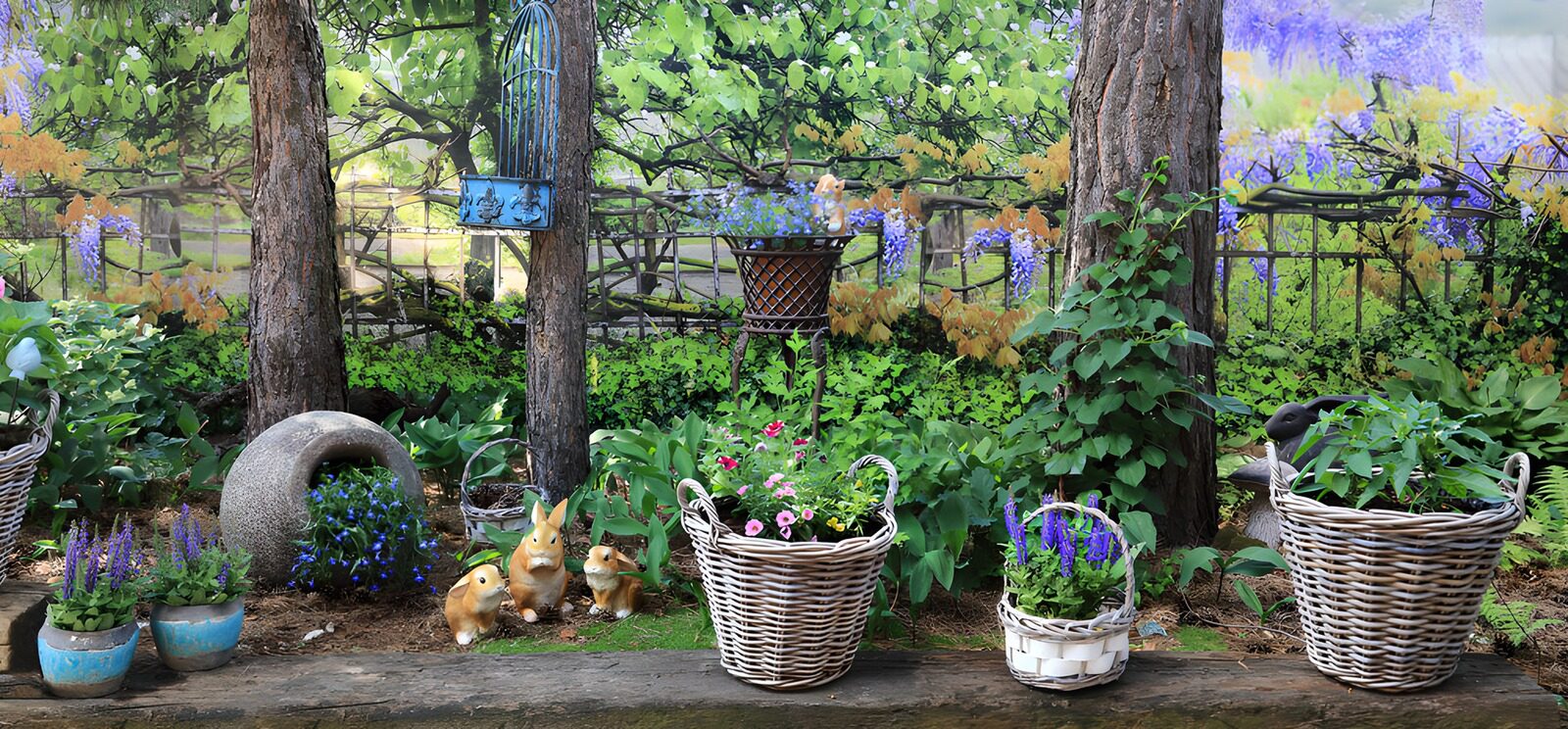 TPDE41724: Fröhlicher Garten mit Hasen und Blumen