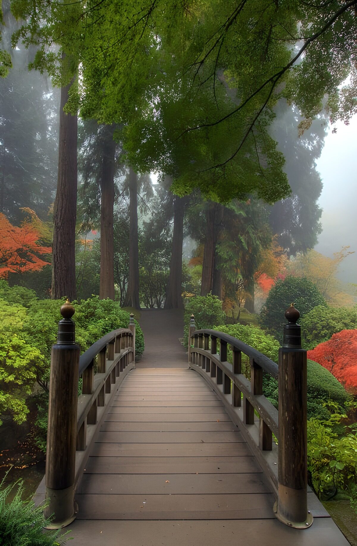 TPDE97750: geheimnischvoller japanischer Garten im Nebel