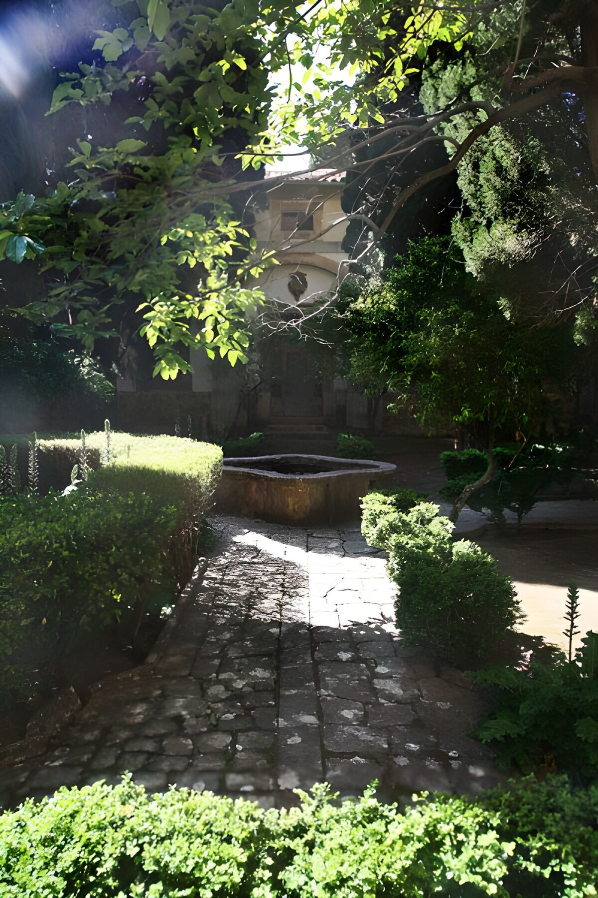 Springbrunnen mit Zaun, Pfad und Bäumen