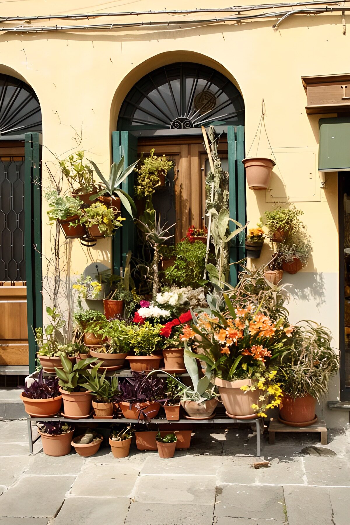 Gruppe mit Pflanzen und Blumen  an der Tür eines Ladens
