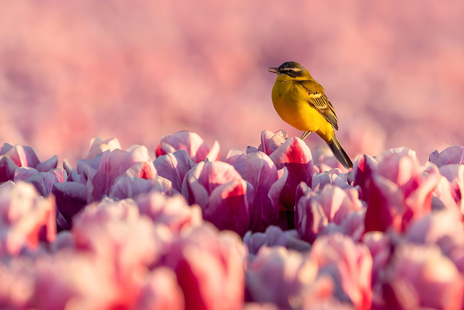 TPDE16842: Gelbkehlchen in blühenden Tulpenfeldern