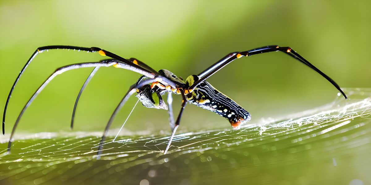 subtropische Seidenspinne in schwarz und orange auf einem Blatt im Wasser