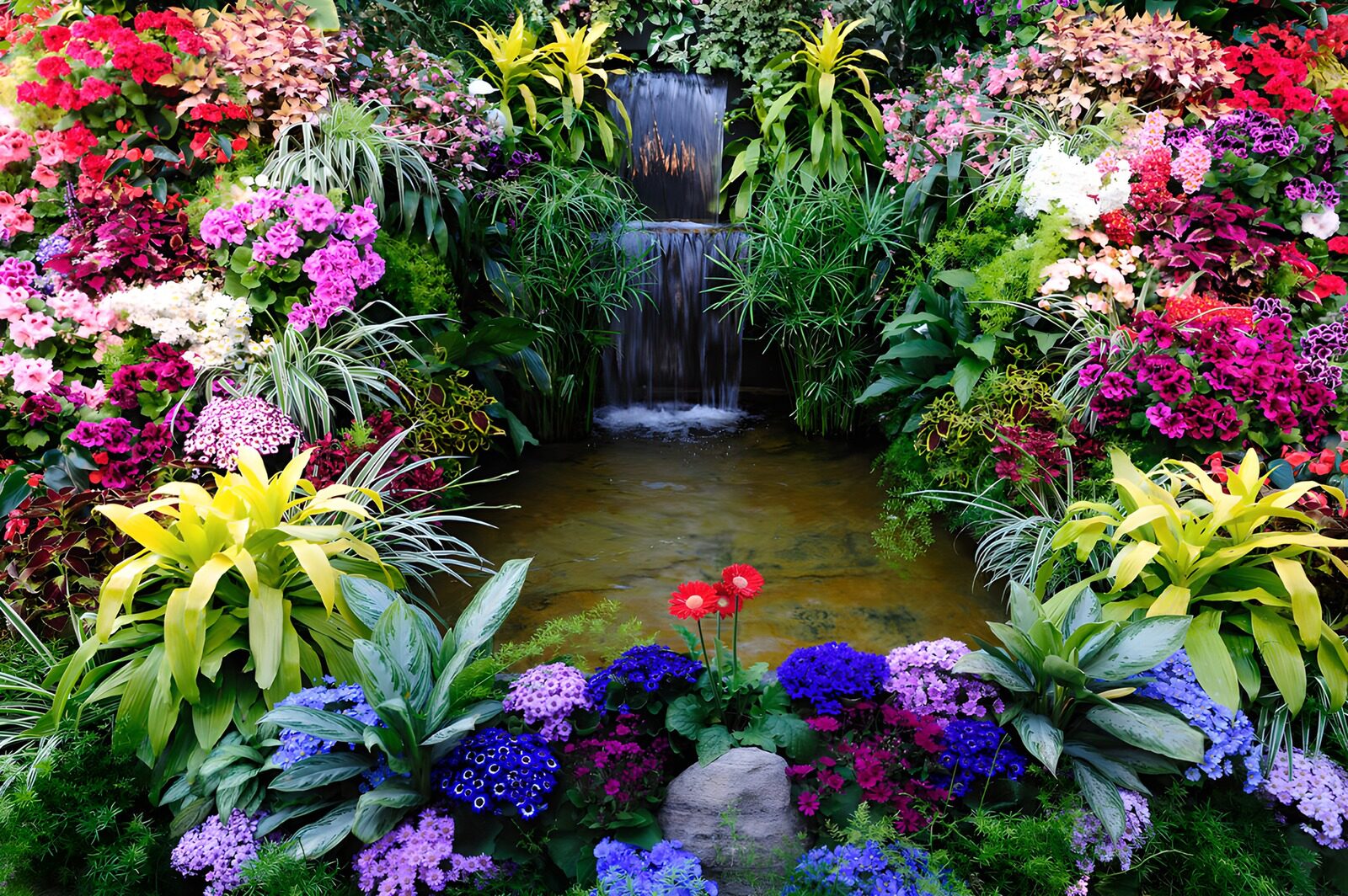 TPDE51844: Farbenfroher Garten mit Wasserfall