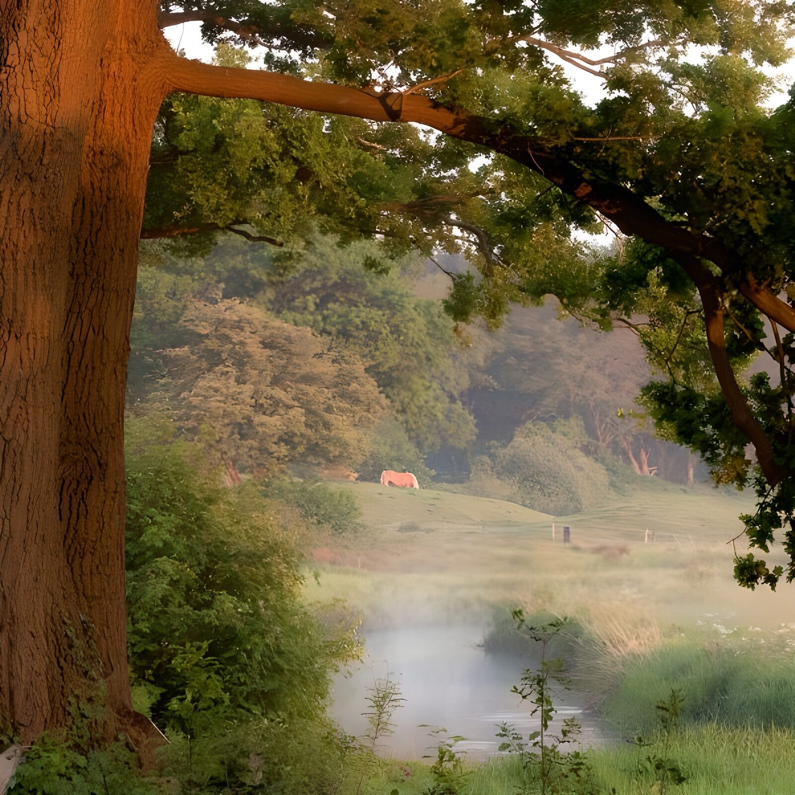 TPDE60245: Blick auf ein Pferd nahe an einem nebligem Bach