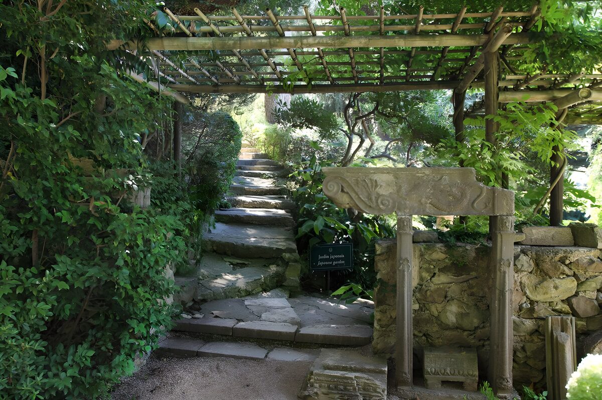 TPDE52816: schattiger Weg  mit Wegweiser zum japanischen Garten