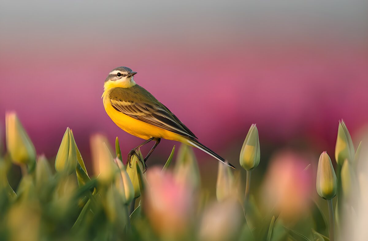 TPDE83548: Gelber Vogel zwischen Tulpen