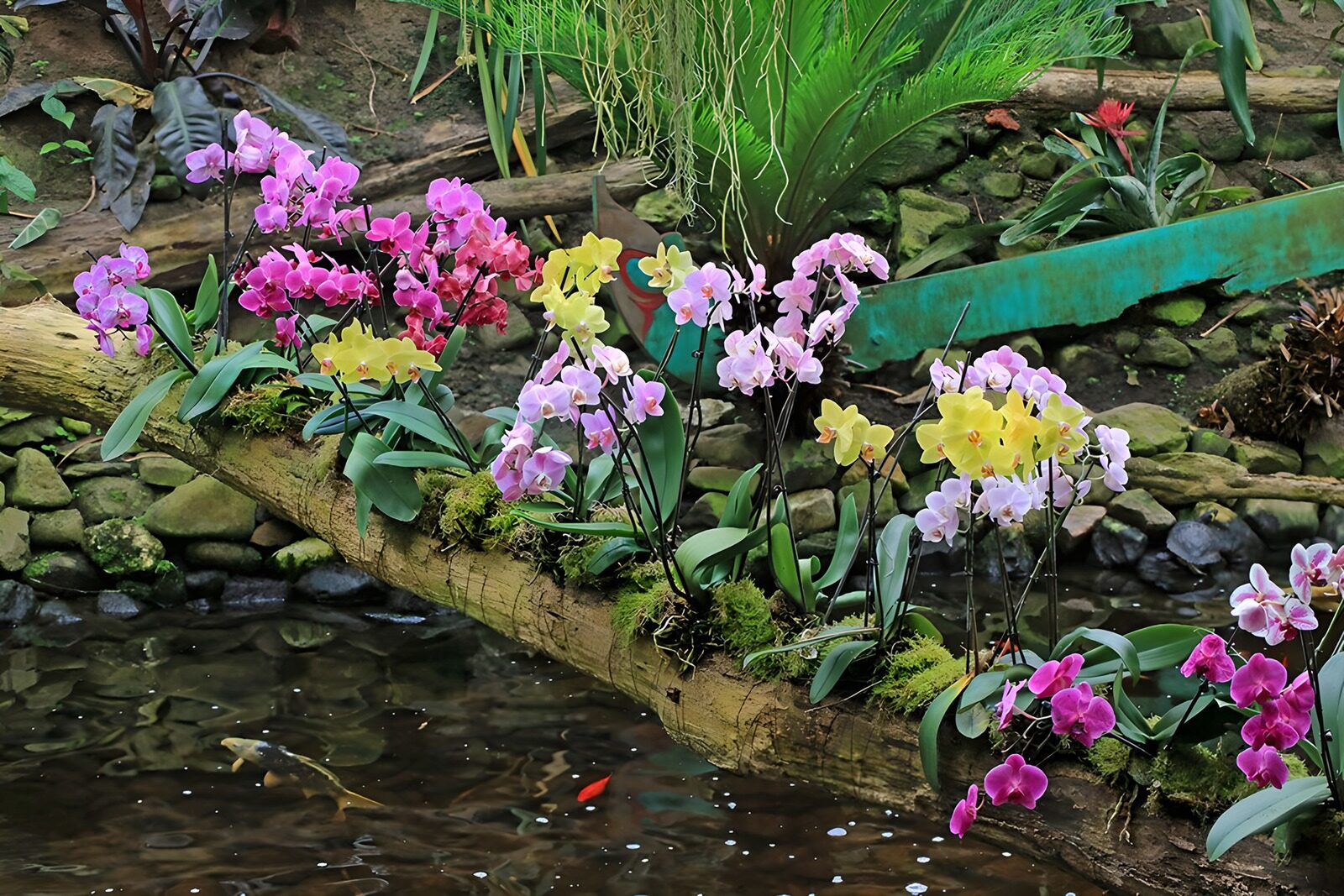 TPDE82054: Orchideen auf einem  Baumstamm über einem Fluß