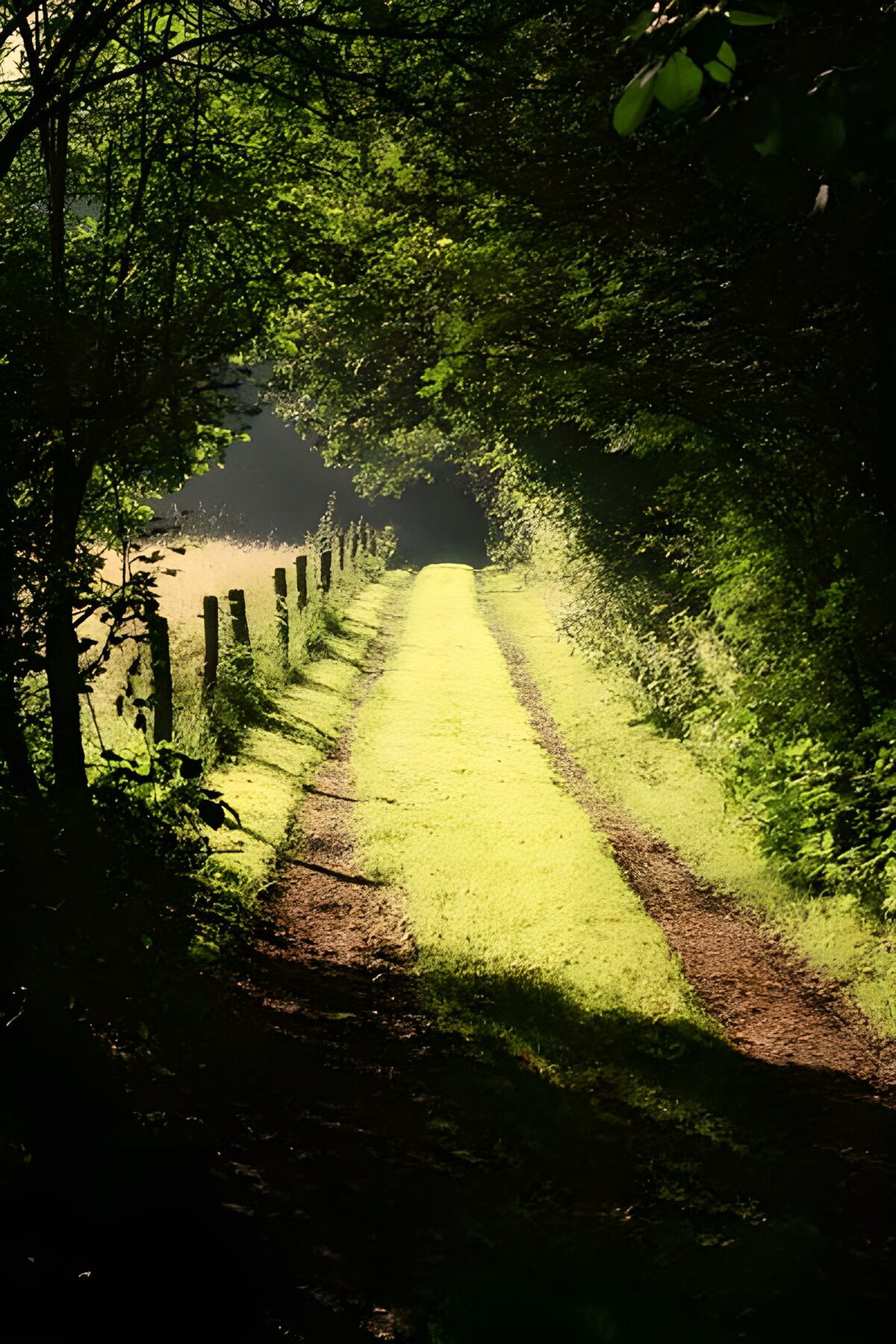 die Sonne scheint auf eine Fußweg durch einen Wald