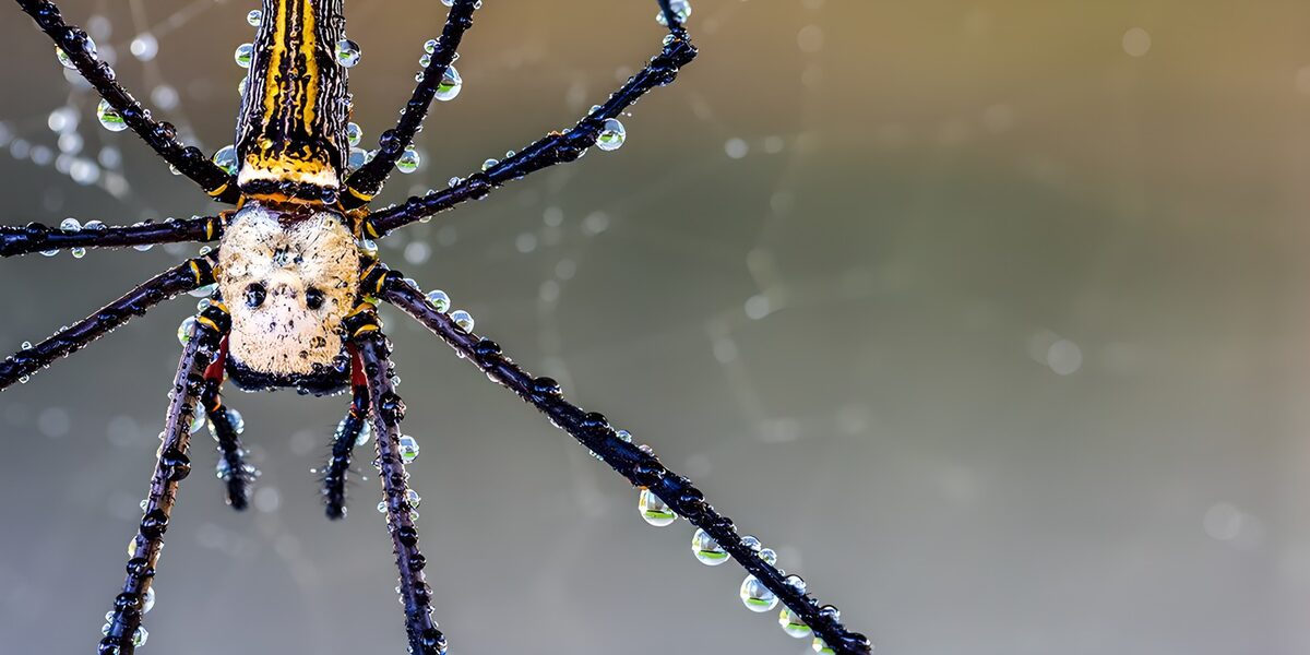Seidenspinne mit Tautropfen