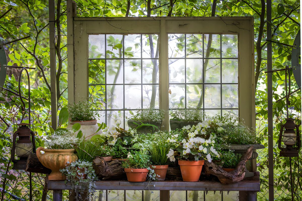 TPDE11236: Fensterbank im grünen Garten