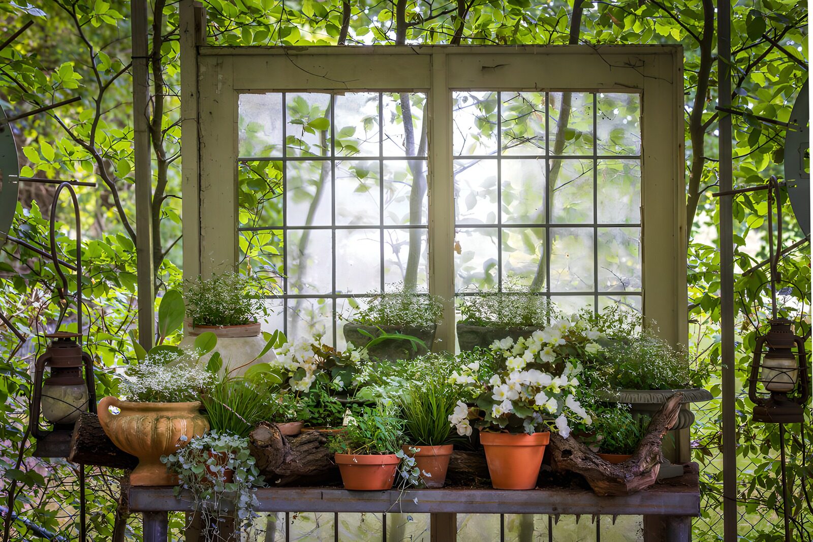 TPDE11236: Fensterbank im grünen Garten